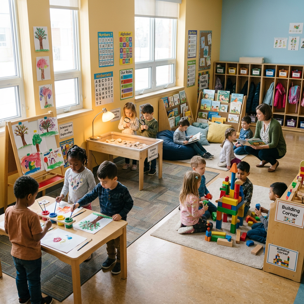 Preschool children painting, examining objects, reading, and building blocks in a classroom with teacher
