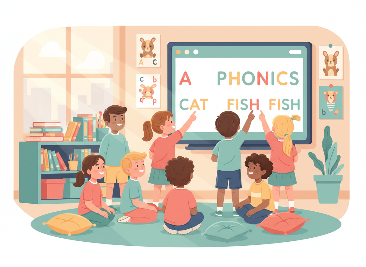 Children learning phonics in a colorful classroom