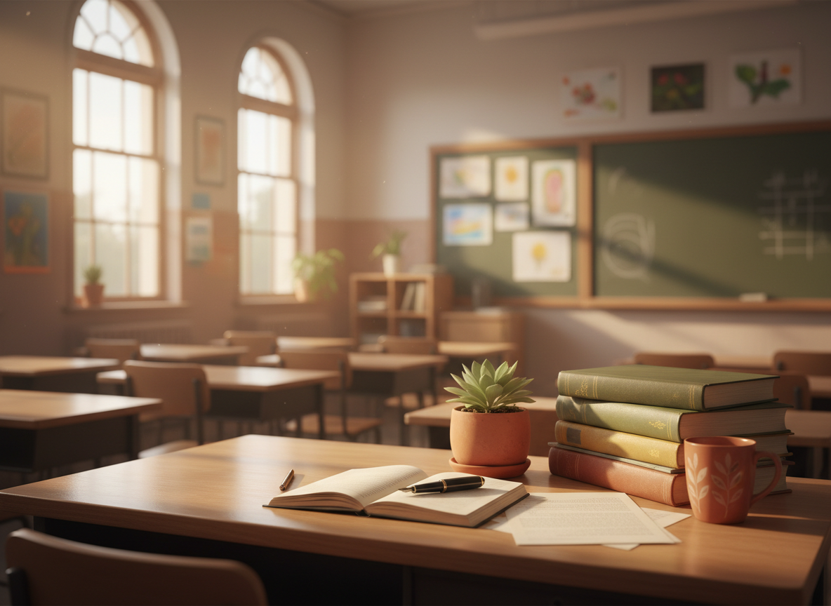A warm, inviting classroom scene at golden hour with natural light on a wooden teacher's desk, notebook, plant and books